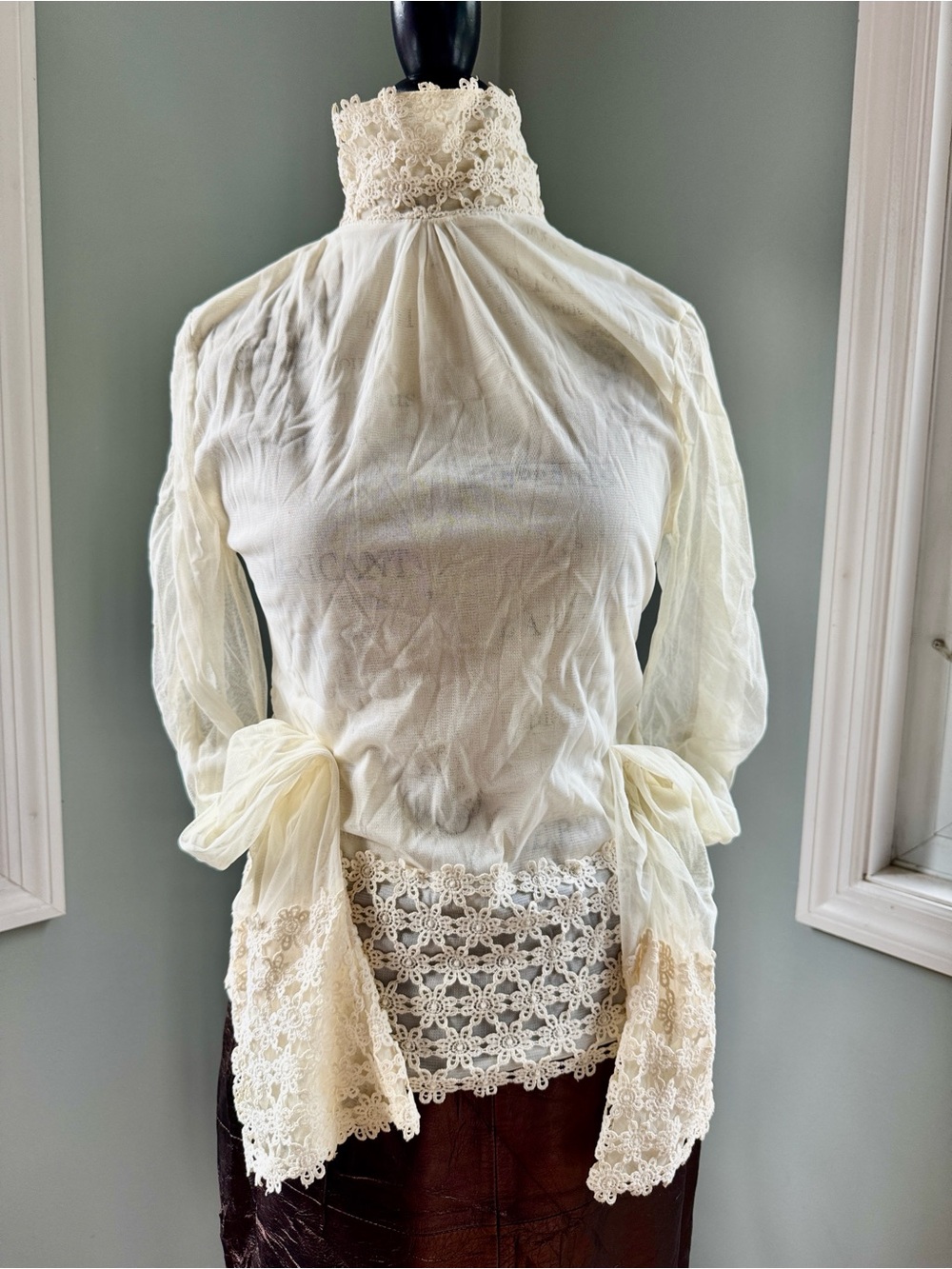 Buffalo David Biton vintage Victorian style ivory mesh lace trim high neck top S